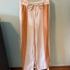 Anthropologie Ett:Twa 100% Linen Striped Wide Leg Pants Tie Waist Belted Size 6